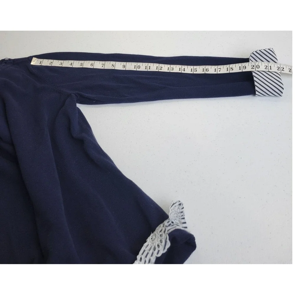 White House Black Market Sweater Lace Hem Striped Cuff Knit Pullover Navy Blue L